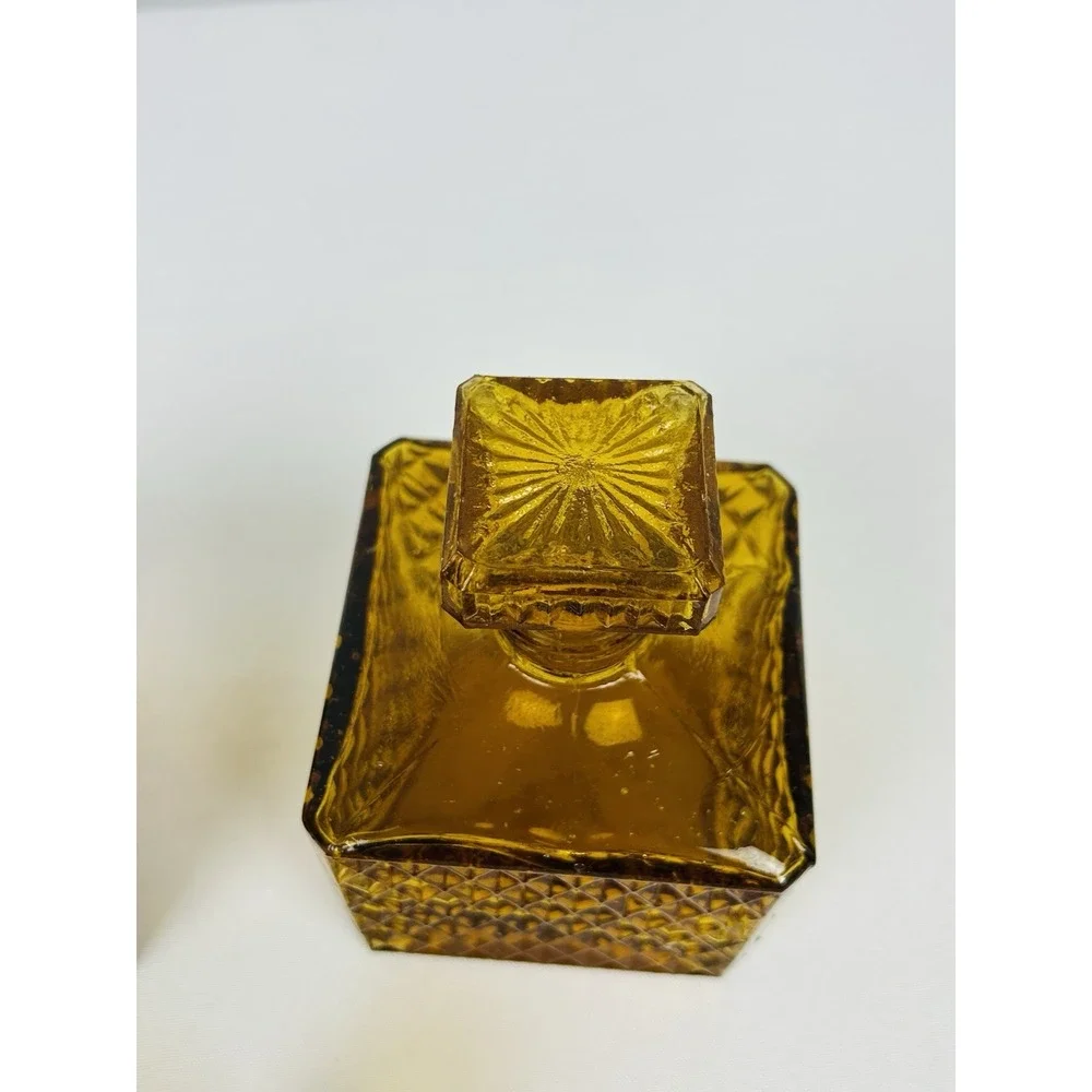 Vintage Amber Square Diamond Point Decanters Glass Stopper Shot Glass MCM Set